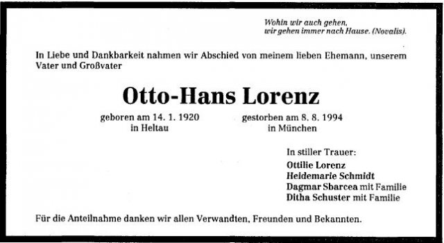 Lorenz Otto Hans 1920-1994 Todesanzeige